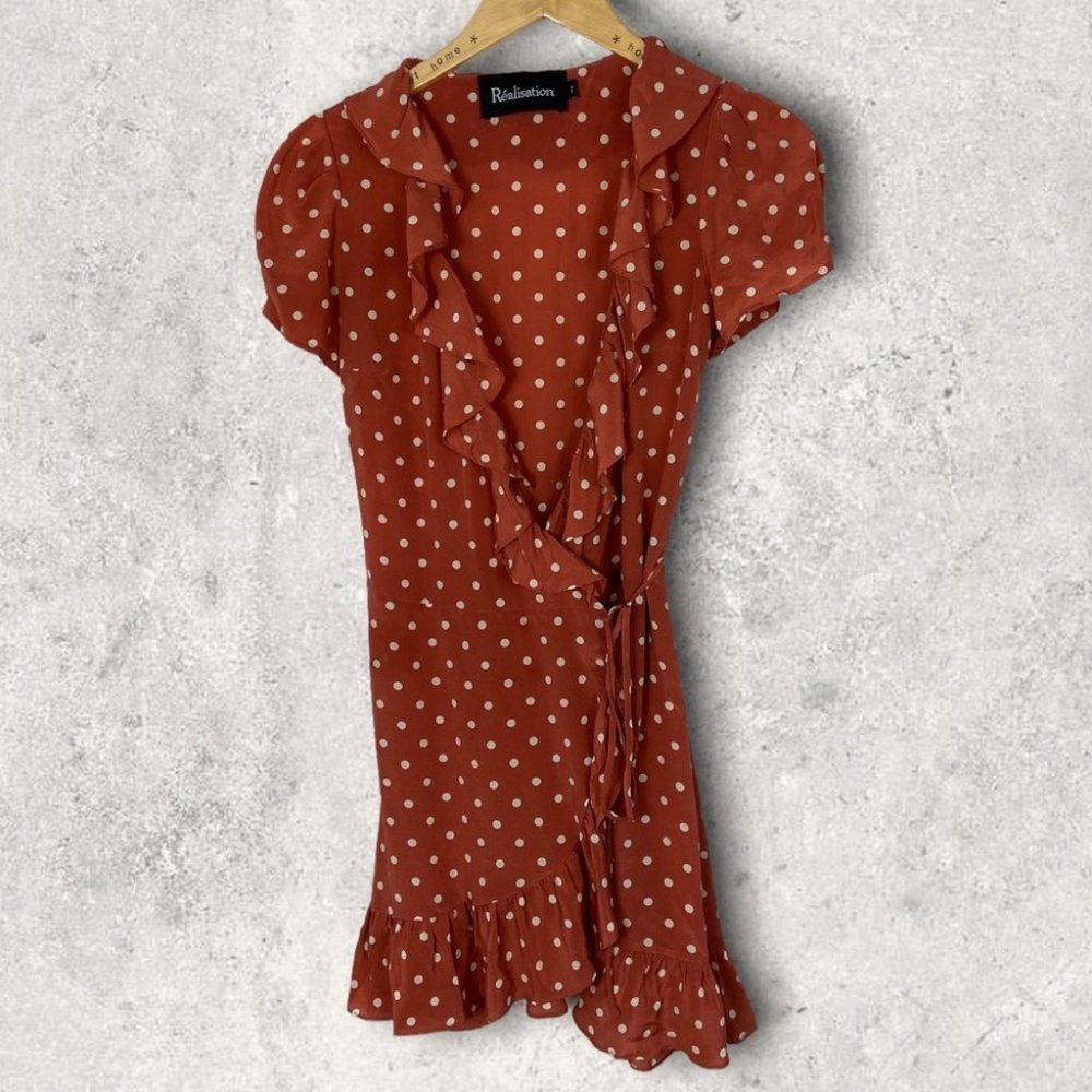 Realisation Par 100% Silk Brown Polka Dot‎ Ruffle Wrap Dress Size XS Valentina - Picture 4 of 11